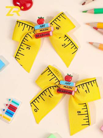 2pcs/Set Girls Back To School Hair Clips, Yellow Satin Ribbon Alligator Clips, Bow Hair Clips, Women Hair Accessories, Flat Claw Clips, School Supplies