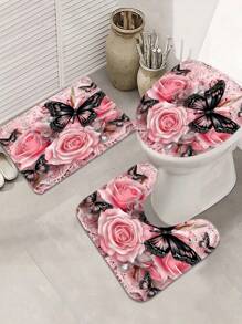 1/4 pièces Jeu de salle de bain rose floral et papillon mignon, tapis en forme de U, couvercle de toilette, avec 12 crochets - style moderne, accessoires de salle de bain de haute qualité, facile à nettoyer, convient à toutes les occasions, de retour à l'école