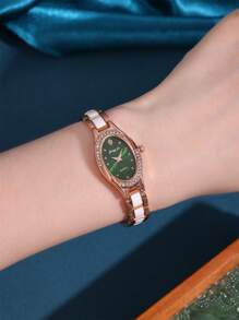 1 Peça Relógio de Quartzo Feminino Clássico Minimalista com Pulseira de Cerâmica Branca, Mostrador Oval Incrustado de Zircônia, Adequado para o Dia a Dia, Festas, Presentes de Aniversário