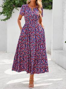 Women Summer Dress Casual Floral Short Sleeve V Neck Elastic High Waist Maxi Dress With Pockets Wedding Guest Boho Beach Holiday Hawaii Valentine Outfits - 紅藍色 - 查看 3