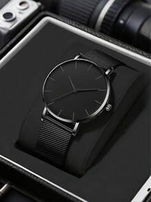 Montre à quartz de mode pour homme avec décoration bleue et rouge, bracelet en maille d'acier inoxydable, cadeau stylé