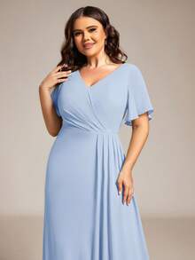 EVERPRETTY Plus Size Butterfly Sleeve V-Neck Ruched High Slit Light Blue Bridesmaid Dress, Suitable For Weddings, Parties, Spring/Summer Wedding Guest Formal Dresses, Vacation - Baby Blue - View 6