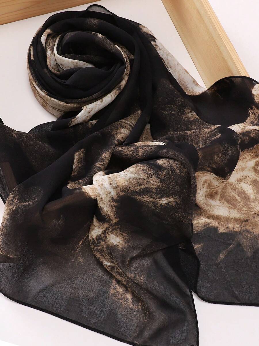 1pc Women Faux Pearl Chiffon Tie Dye Print Women Hijab, Printed Scarf, Hijab Scarf For Dress - Black and White - View 1