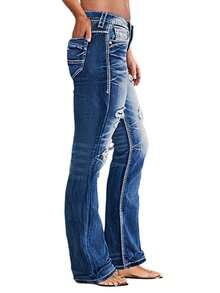 Women's Tight Flared Jeans With Elastic Tear And Tear, Double Button Casual Tight And Sexy Flared Jeans - Rửa tối - Xem 4