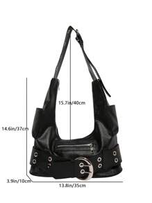 Large Capacity Tote Bag, Retro Girl Style, Fashion Shoulder Bag Motorcycle Bag, Commuter Bag, Black
