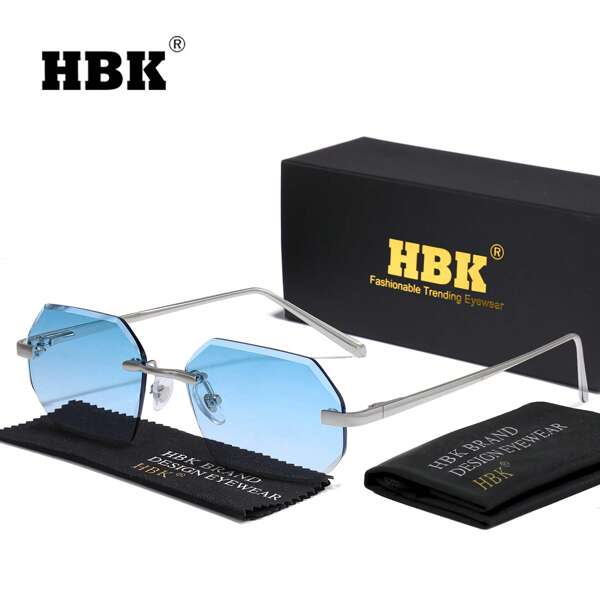 HBK Nuovi occhiali con gradiente, montatura in metallo, stile vintage classico senza montatura, forma poligonale, occhiali casual per uso quotidiano, feste, regali per festival, con confezione completa