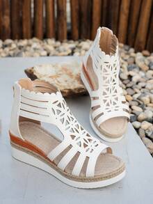 Sandal đế xuồng kiểu La Mã dệt từ dây gai dầu, sandal hở mũi họa tiết hình học màu trắng có khóa kéo phía sau dành cho nữ, phù hợp với trang phục mùa xuân hè. - trắng - Xem 6