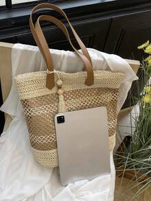 春夏女士草编托特包，镂空花边大容量旅行沙滩单肩包，适合时尚出游，非常适合海滩和日常使用 - 米色 - 查看 5