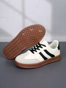 1 par de zapatillas de lona con diseño de cordones a la moda para niñas, adecuadas para volver a la escuela, estudiantes, primavera y otoño - Beis - Ver 4