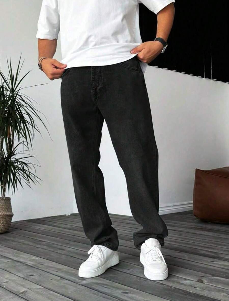 Men's Balloon Jeans/ Wide Leg Pants All Regular Fit Pocket Zipper Button - màu đen - Xem 1