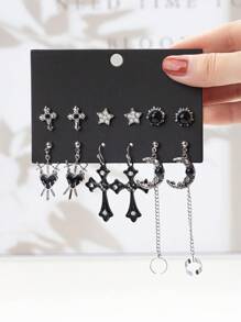 6 Pairs Gothic Cross, Sunflower, Pentagram, Crescent Moon, Raven, Pentagram, Skull Fashionable Earring Set