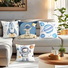 4-teiliges Set Kopfkissenbezug mit Cartoon Weltraum Motiv, einseitig Muster