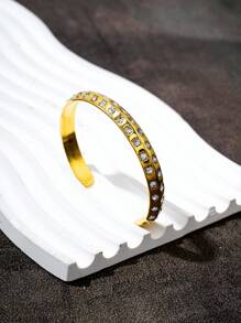 1pc Double Row Crystal C-Shape Open Bangle Bracelet, 18K Gold Stainless Steel Plating, Fashion Jewelry Suitable For Women's Daily Wear
