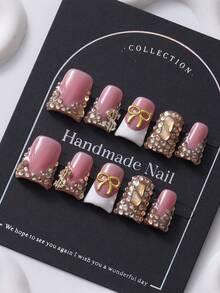 10Pcs/Set Short Duck Nail Tips, Handpainted French Bowknot Rhinestone Encrusted, Luxury Handmade Wear, Y2K Baddie Style, Suitable For Women & Girls Press On Nails Nail Supplies Nails - Champagne - View 1