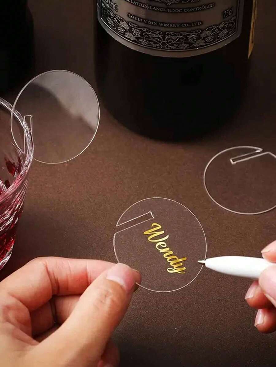Set de 30 etiquetas/tarjetas transparentes de acrílico con forma redonda/de corazón para bebidas en bodas y fiestas, etiquetas para bebidas y zumos, decoraciones para vasos, tarjetas de asiento (Retirar la película protectora de ambos lados antes de usar)