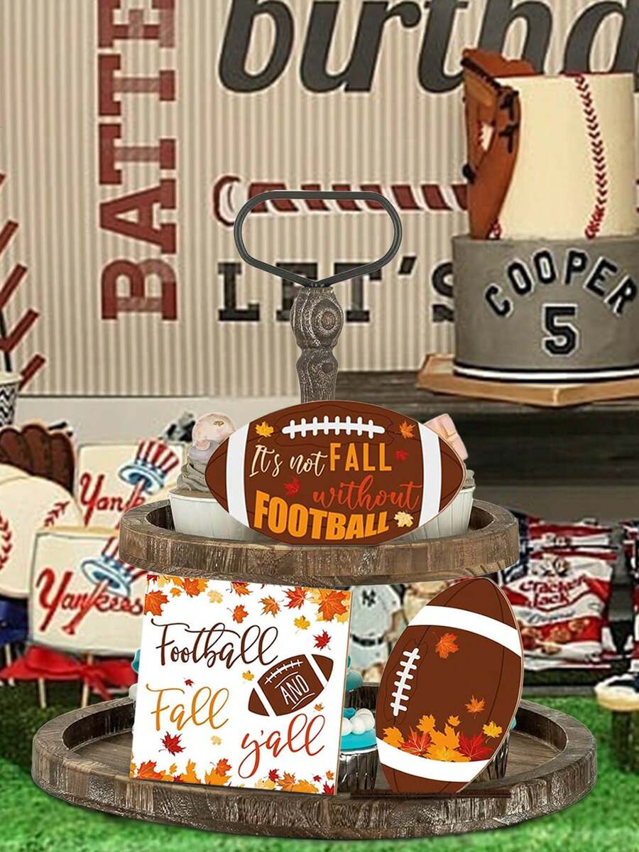 3 Piezas/Set, 1/75 Set Decoración de bandeja escalonada de madera con tema de fútbol de otoño, hojas de otoño rústicas, señal de cosecha de fútbol para decoración de mesa de fiesta de Acción de Gracias en estilo granja (sin bandeja)
