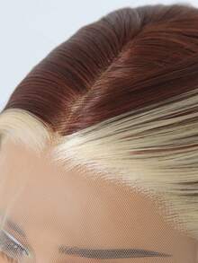 Brown Straight With Blonde Skunk Stripe Lace Front Wig 13x4 HD Transparent Heat-Resistant Synthetic Wig Perfect For Daily Wear & Holidays 24" - 拼色 - 查看 3