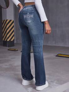 Girls' Embroidered Bell Bottom Elastic Waist Jeans, Versatile For Teens - Medium Wash - View 4