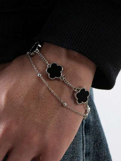 1pc Casual & Chic Lucky Clover Men's Bracelet, Suitable For Daily Wear & Gift Giving (No Gift Box, Random Number Of Beads On First Strand)