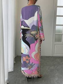 女士奢华圆领长袖宽松优雅休闲透气假日风格长袍，阿拉伯传统长裙，长袍连衣裙，节日礼服 - 紫色 - 查看 3