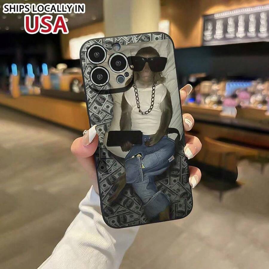 A Black Phone Case With A Cartoon Monkey Design That Is Shockproof, Suitable For Iphone 16, 11, 15, 14, 13, 12 Pro Max XR Plus. - Black - View 1