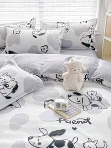 4 件套床上用品，印花双面羽绒被套 + 床单 + 2 个枕套，柔软亲肤，防褪色，抗菌，保暖，适用于卧室、客房、宿舍 - 牛奶大耳狗 - 查看 4