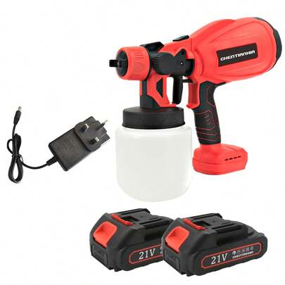 1000ML Cordless High Pressure Spray Gun Paint Sprayer With 2 Batteries Red TU2 ,21V 2x2000mAh Batteries Includesfor House Painting/Home Interior And Exterior/Wood/Walls/Furniture/Fence/Door