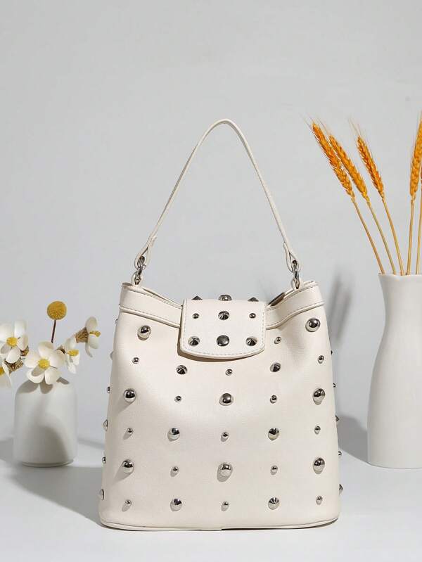 Bolso de hombro estilo punk callejero, bolso tipo cubo, bolso con remaches