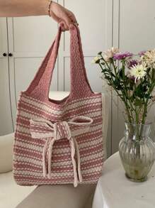 1 Peça Bolsa de Tricô de Grande Capacidade, Bolsa de Ombro Simples, Bolsa Transversal, Bolsa Estampa de Laço Dupla Cor Listrada Essencial para Sair, Viagem, Fotografia, Trabalho, Transporte de Roupas, Cosméticos, Pequenos Itens, Bolsa de Viagem, Adequada como Presente para Amigos, Família, Namoradas, Decoração de Quarto, Volta às Aulas, Itens Essenciais de Viagem