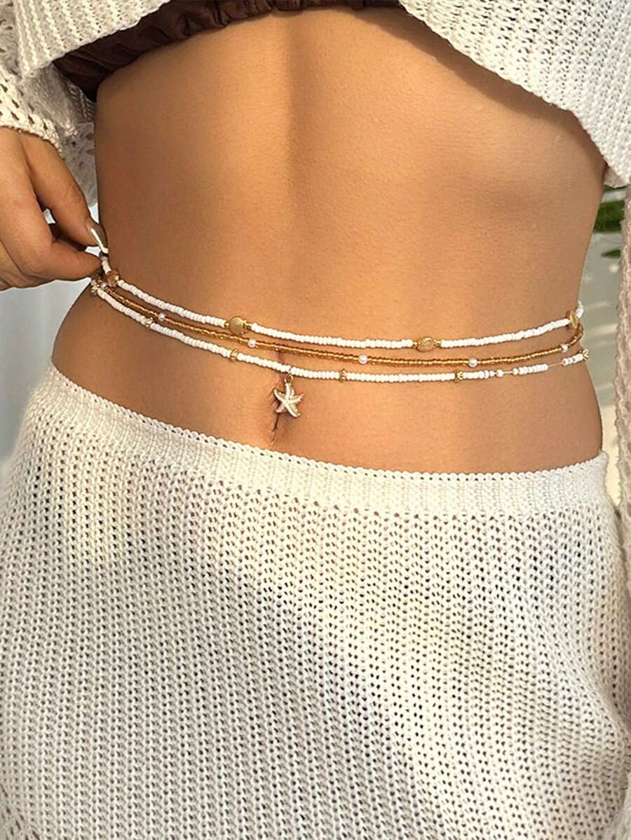 3 件波西米亚海星和种子珠腰链，适合旅行和度假 - 彩色 - 查看 1