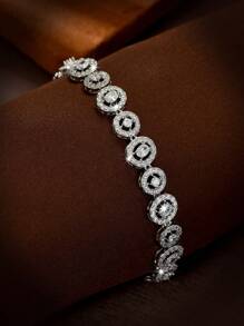 1 pieza Pulsera decorativa minimalista con cadena ovalada bañada en oro blanco de 18 K y piedras de circonita, adecuada para uso diario de mujer