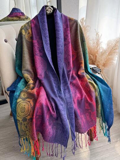 1 pezzo Sciarpa in jacquard con motivo paisley, elefante e floreale, scialle arcobaleno bohémien, leggera e versatile per la moda primavera/autunno, viaggi e fotografia