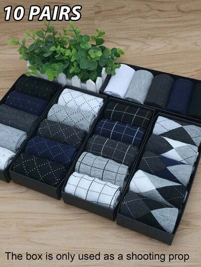 10 pares de calcetines de negocios casuales de media pantorrilla con patrón geométrico tejido para hombres, color aleatorio (sin caja de regalo), otoño