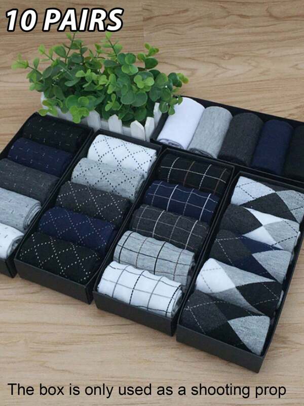 10 pares de calcetines de negocios casuales hasta el tobillo con patrón geométrico tejido para hombre, colores aleatorios (sin caja de regalo)
