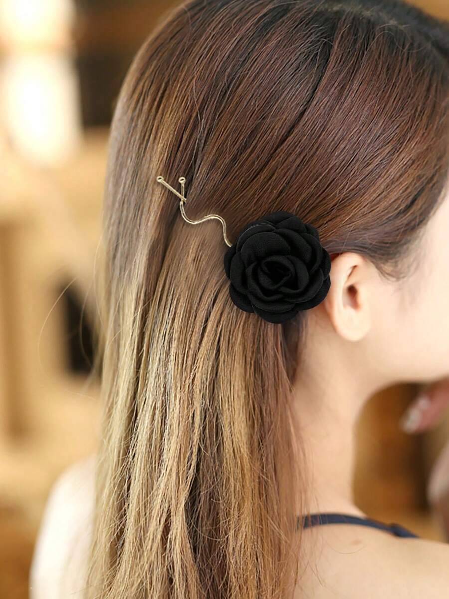 1 pièce Pince à cheveux style bohème en faux tissu à fleurs, accessoires de cheveux, accessoires d'été, voyage, pinces à cheveux, barrettes, fournitures scolaires, tenues de vacances pour femmes, accessoires de tête, épingle à cheveux - Noir - Voir 1