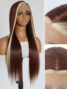 Brown Straight With Blonde Skunk Stripe Lace Front Wig 13x4 HD Transparent Heat-Resistant Synthetic Wig Perfect For Daily Wear & Holidays 24" - 拼色 - 查看 4