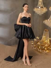 Balloon-Hem Evening Gown With Dramatic Waist Bow Detail – Elegant Formal Bridal Shower Dress For Red Carpet Galas, Black-Tie Wedding Receptions, Luxury Charity Balls, Bride