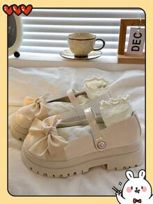 女士厚底玛丽珍鞋，法式风格，2025 年夏季，厚底增高，珍珠扣带，JK 制服鞋，甜美女孩风格方头芭蕾平底鞋，蝴蝶结和珍珠装饰，洛丽塔风格 - 米色 - 查看 3