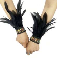 1 paire de brassards avec garniture de plumes dans un style gothique, accessoire de costume pour les fêtes de mascarade et les représentations