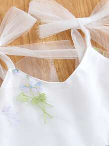 Vestido de princesa elegante e doce para meninas, 1 peça, laço, renda, bordado, flor, tule, babados, decoração, festa, praia, aniversário, primavera/verão