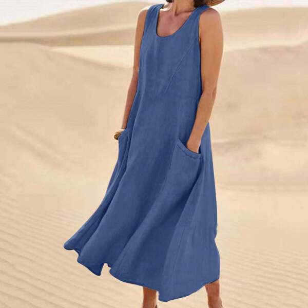 Vestidos de lino y algodón para mujer, sin mangas, con cuello redondo y bolsillos de verano 2025
