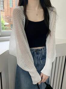1pc Women High Quality Long Sleeve Thin Knit Shawl Cover Up, Hollow Out Design, Summer Lightweight Outwear