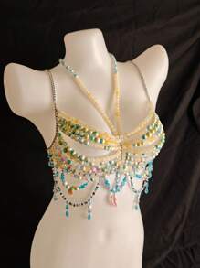 Accessoire de soutien-gorge de chaîne de corps sexy unisexe, élégant pour les boîtes de nuit, les festivals. Losange, imprimé floral, paillettes, romantique français, charme rustique mature, luxueux classique sexy. Perles acryliques à franges, strass, paillettes, romantique français, charme rustique mature, luxueux dos nu à paillettes strass, toutes saisons