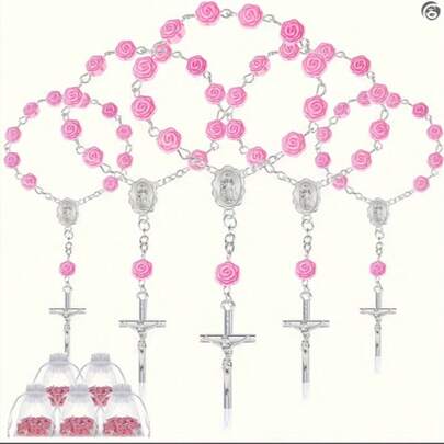 粉色玫瑰十字架念珠手链，配欧根纱袋，生日派对礼物，周年纪念礼物
