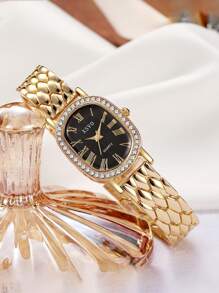 1 Stück XSVO authentische Luxus Damen Armbanduhr aus Stahl mit Strass besetztem Zifferblatt, modisches und elegantes Römische-Ziffern Design