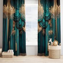 [2pcs Green Velvet Curtains] 2pcs Elegant Green Velvet Curtains, Modern All-Season Design, 100% Polyester, Light Filtering, With Rod Pockets, Easy Hanging, Suitable For Kitchen, Laundry Room, Bedroom, Study, Living Room