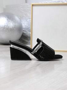 Women's New Fashion Rhinestone Embellished Slip-On Wedge Sandals, Comfortable Slip-On Casual Sandals Suitable For Outdoor Wear, Dating, Vacation, Party And Holiday Events