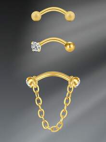 CIZME 3 件 16G 弧形杠铃眉环不锈钢耳钉 16G 眉环套装银链吊坠耳钉 CZ 月亮耳环耳钉耳钉耳钉耳钉饰品男女耳钉耳钉耳钉耳钉耳钉耳钉身体穿孔弧形杠铃