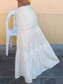 Falda larga con parches de encaje blanco de talle alto con efecto de "bubble", estilo bohemio, adecuada para festivales de música, conciertos, fiestas de Coachella, uso diario de chicas jóvenes, fotos de playa y vacaciones, estilo bohemio de verano
