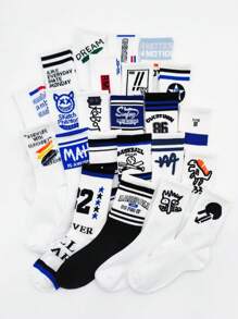5 pares de calcetines blancos hasta el tobillo con letras y números impresos al azar, calcetines deportivos de moda unisex para el otoño